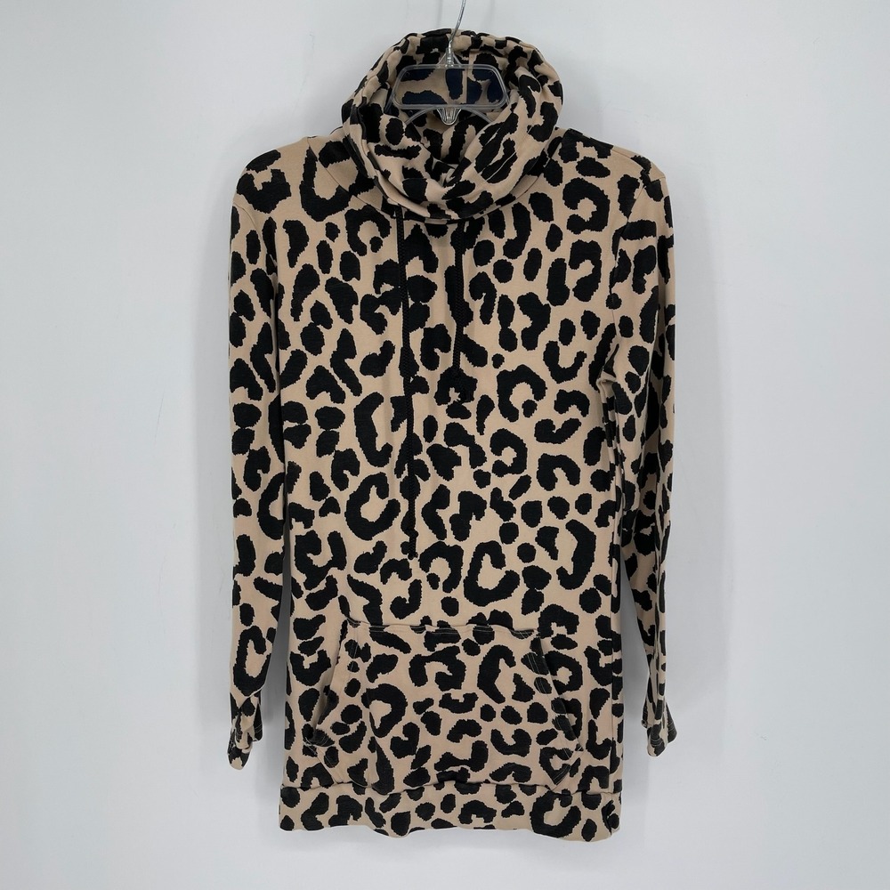 Lily & Lottie Women's Tan Leopard Print Cowl Neck Hoodie Sweatshirt Top Size M